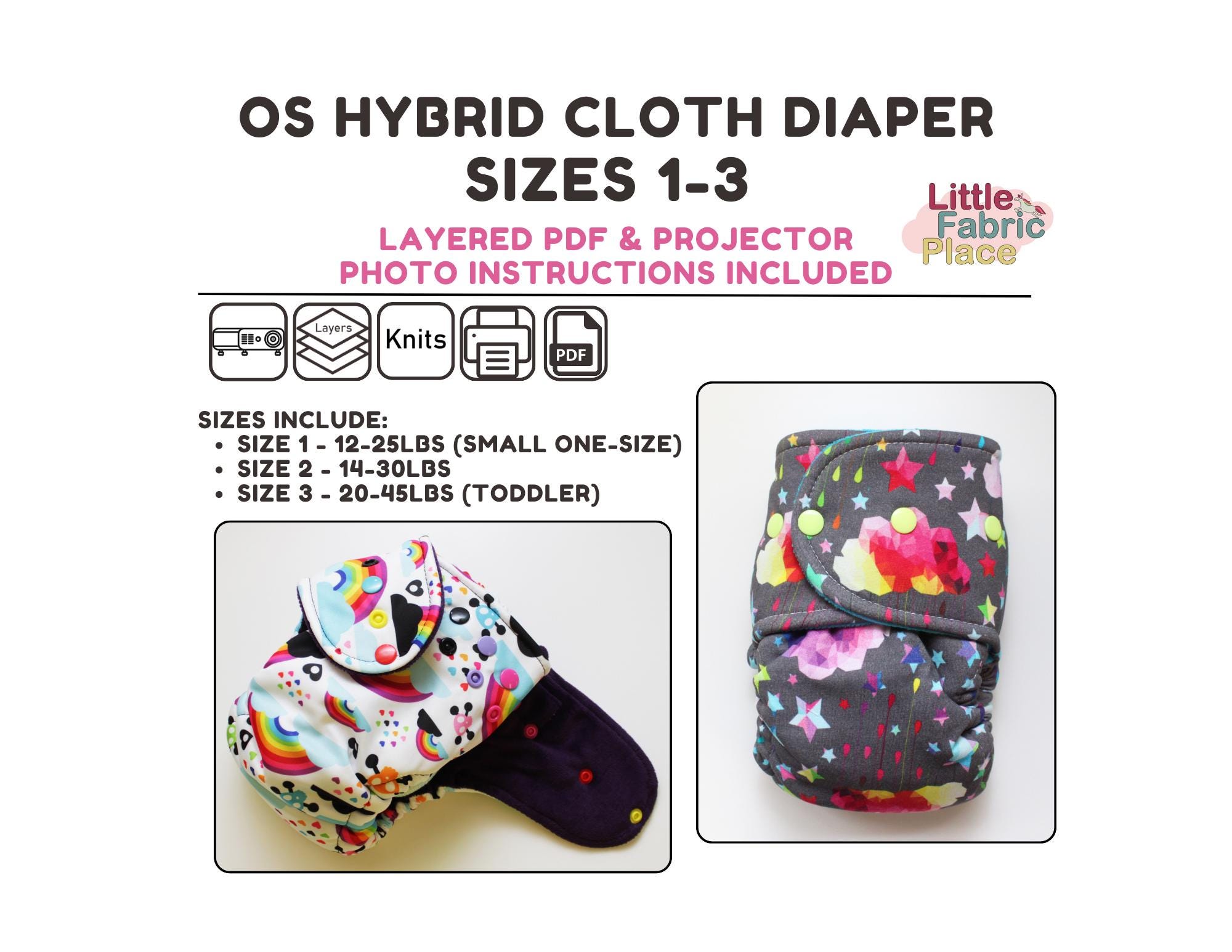 Couche lavable hybride Little Fancy Pants, taille unique, modèle de couture numérique PDF et projecteur