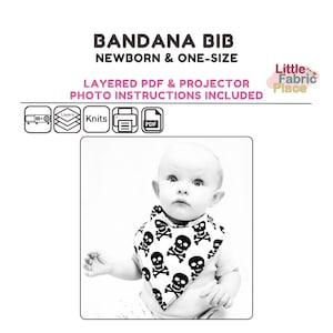 May include: Black and white photo of a baby wearing a bandana bib with a skull and crossbones pattern. The bib is made for newborns and one size.