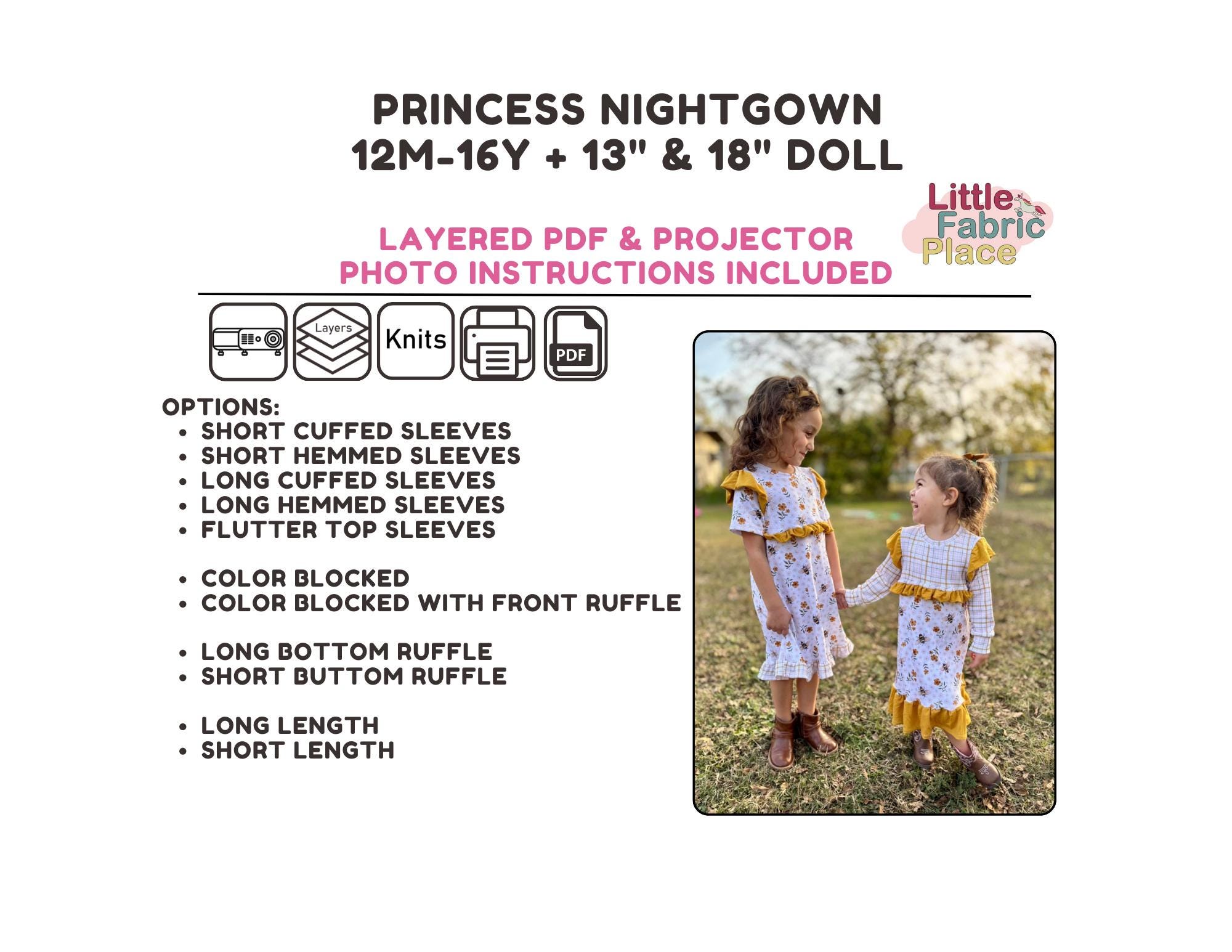 Princess Nightgown Kids Toddlers Teens PDF and projector Digital Sewing Pattern