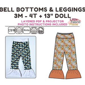May include: A digital sewing pattern for bell bottoms and leggings for a 3-4T or 13-inch doll. The pattern includes layered PDF files and photo instructions. The image shows two pairs of pants, one with a rainbow print and the other with a floral print.