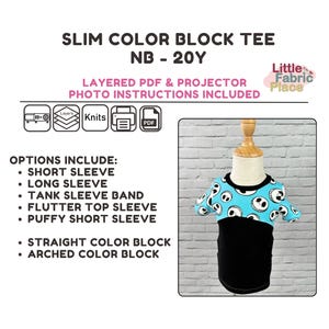 May include: A digital sewing pattern for a slim colour block tee shirt for babies and children, sizes newborn to 20 years. The pattern includes layered PDF and projector files with photo instructions. The image shows a child's tee shirt with a blue and black colour block design.