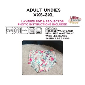 Puede incluir: Un patrón de ropa interior con estampado floral blanco y rosa con una cintura alta. El patrón está sobre un fondo blanco con flores rosas y blancas. El texto "OPTIONS: MID-RISE WAISTBAND HIGH-RISE WAISTBAND WIDE LEG BANDS SKINNY LEG BANDS" es visible en la imagen.