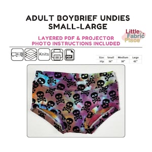 May include: A pair of black and white skull print boy brief underwear. The underwear is made of a soft, stretchy fabric and has a tie-dye effect. The size chart shows hip measurements in inches: 36", 38", and 41".