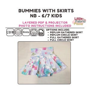 May include: A digital sewing pattern for making baby bloomers with skirts. The pattern includes four different skirt styles: peplum gathered, peplum circle, full gathered, and full circle. The pattern is available in sizes newborn to 6/7 kids. The pattern is layered PDF and includes photo instructions.