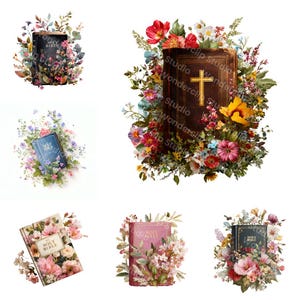 May include: A selection of watercolour illustrations showcasing Holy Bibles adorned with vibrant floral arrangements. The Bibles are depicted in diverse colours, such as brown, blue, pink, and black, with gold cross and text details.