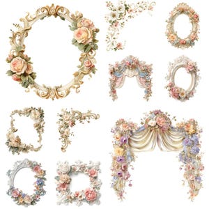 Puede incluir: Una colección de marcos ornamentados de estilo vintage y arreglos florales. Los marcos tienen varias formas, incluyendo ovaladas, cuadradas y circulares, y están adornados con tallas detalladas y rosas y otras flores de colores pastel. La estética general es romántica y decorativa.