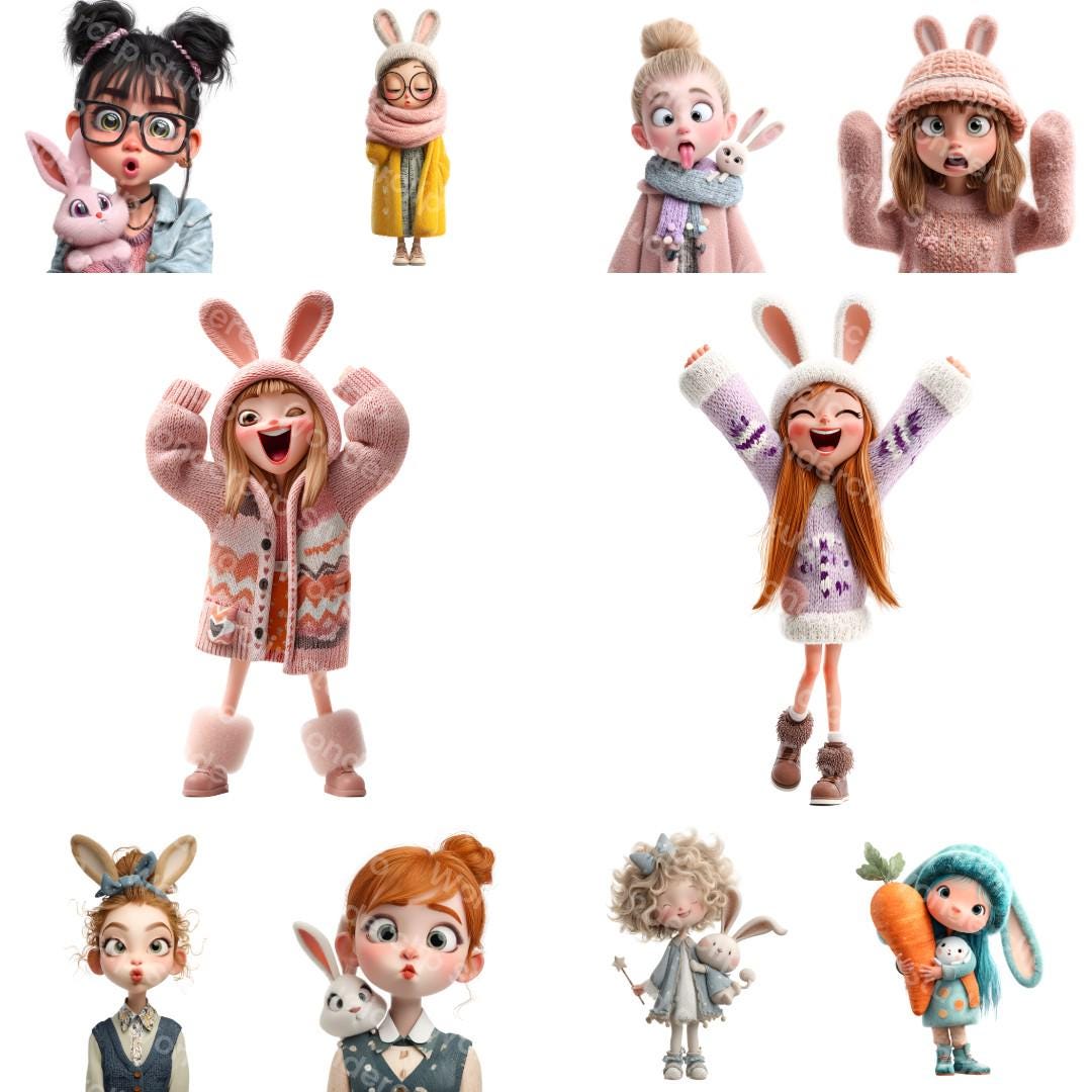 Quirky Girl Bunny Clipart Set: Whimsical Kawaii Character Graphics ...