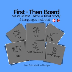 May include: A blue background with a "First - Then Board" title. The image features gray cards with visual routine icons and text, including "TV," "Eat," "Spil," "Get dressed," "Ryd op," and "Brush teeth." The text "Visual Routine Cards • Autism Friendly" is also present.