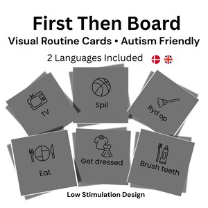 Tablero imprimible "Primero, luego" / Tarjetas de rutinas visuales para el autismo / Herramienta de apoyo conductual / Inglés Danés