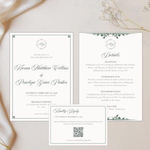 May include: Elegant wedding invitation suite with a floral crest and decorative borders. The invitation includes details for the wedding of Kieran Matthew Collins and Penelope Grace Parker, set for February 7, 2016, at Brooklyn Bistro.