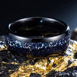 Black Tungsten Ring 8mm | White Shell & Purple Sandstone Inlay | Domed Mens Wedding Band