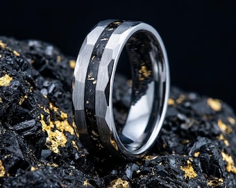 Meteorite Tungsten Ring 8mm | Hammered Faceted Wedding Band, Brushed Silver Black Inlay, Men's Anniversary Ring