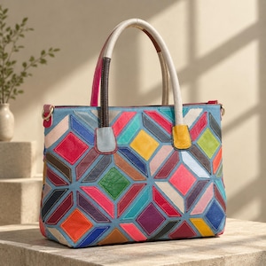 Colorful Geometric Tote Bag, Multicolor Patchwork Shoulder Bag, Casual Crossbody Handbag for Women