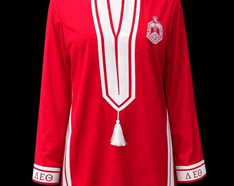 Delta-Inspired Black and Red Tassel Tunic | Soror Tunic Top | Elegant Greek-Inspired Apparel | Chapter & Conference Wear