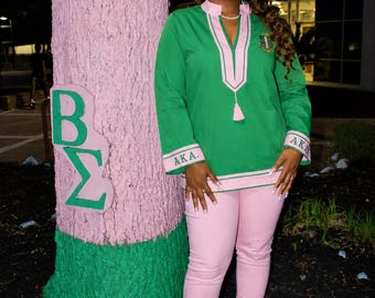 Licensed Vendor The Tassel Tunic! Alpha Kappa Alpha Tassel Tunic | Pink Green Linen-Blend Statement Top
