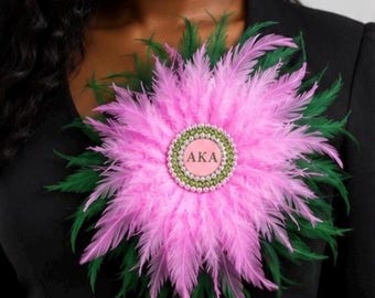 Licensed Vendor Oversized AKA Feather Corsage – Statement Sorority Corsage – Pink & Green Feather Brooch – Handmade AKA Accessory