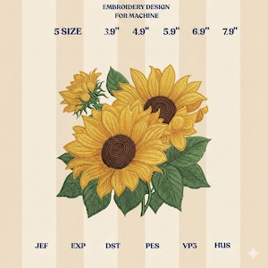 Op de afbeelding: Een borduurontwerp voor machinegebruik met een gedetailleerde illustratie van zonnebloemen. Het ontwerp bevat maten van 9,9 cm tot 20,1 cm en is compatibel met JEF, EXP, DST, PES, VP3 en HUS formaten. De zonnebloemen zijn geel met bruine centra en groene bladeren.