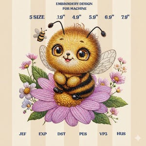 May include: An embroidery design for machine featuring a cute cartoon bee with large eyes, sitting on a purple flower. The design includes the text "EMBROIDERY DESIGN FOR MACHINE" and size options from 3.9" to 7.9".