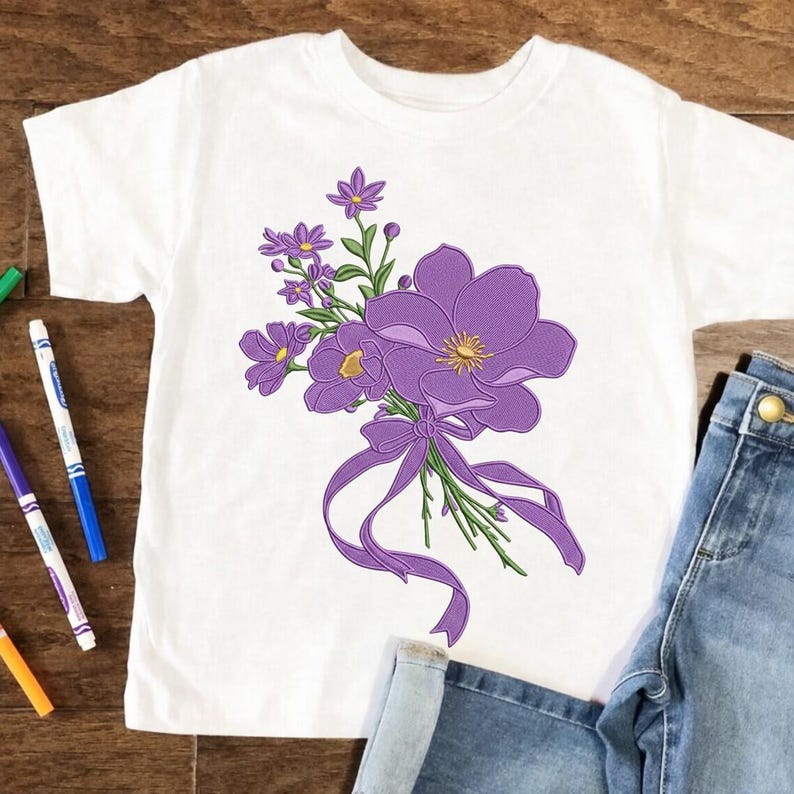 Purple Floral Bouquet Embroidery Design, Violet Flower Bow Machine ...