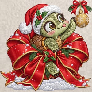 May include: A green turtle with large eyes wearing a red and white Santa hat, nestled inside a large red ribbon bow with gold trim. The turtle reaches for a gold Christmas ornament decorated with white snowflakes, accented by holly and pine.