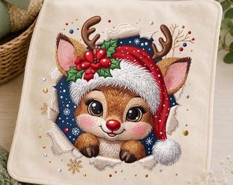 Christmas Reindeer Embroidery Design, Cute Rudolph in Santa Hat with Holly and Snowflakes, Holiday Machine Embroidery Digital Download