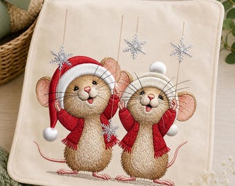 Christmas Mice Machine Embroidery Design, Cute Holiday Mouse Pair Holding Snowflakes, Winter Digital Download