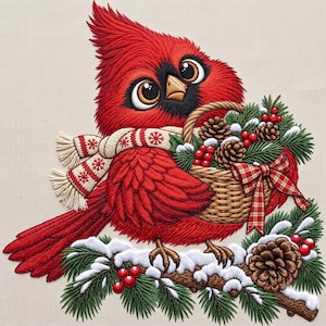 May include: An embroidered illustration of a bright red cardinal bird with large eyes, wearing a cream and red snowflake-patterned scarf. The bird holds a woven basket filled with pinecones, green pine needles, and red berries, tied with a plaid ribbon.