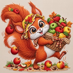 Autumn Squirrel Embroidery Design, Apple Basket Cute Woodland Harvest Machine Embroidery File