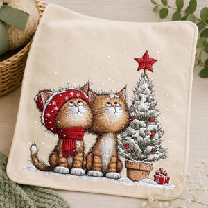 Maskinbroderidesign för julkatter och gran, söta vinterkattungar av Snowy Tree, digital nedladdning av högtider