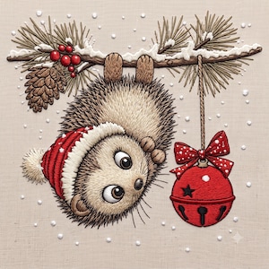 May include: An embroidery design featuring a brown hedgehog wearing a red and white winter hat, hanging upside down from a pine branch with a pinecone and red berries. A red jingle bell with a white polka dot bow hangs from the same branch.