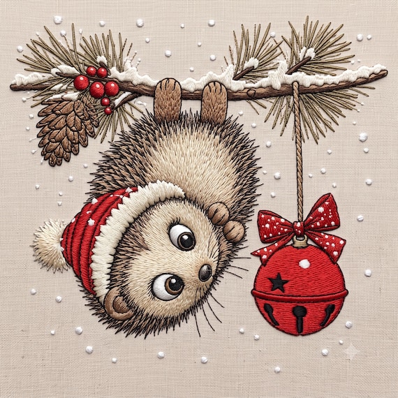 Christmas Hedgehog Machine Embroidery Design, Cute Hedgehog Hanging on Pine Branch with Bell, Winter Embroidery File