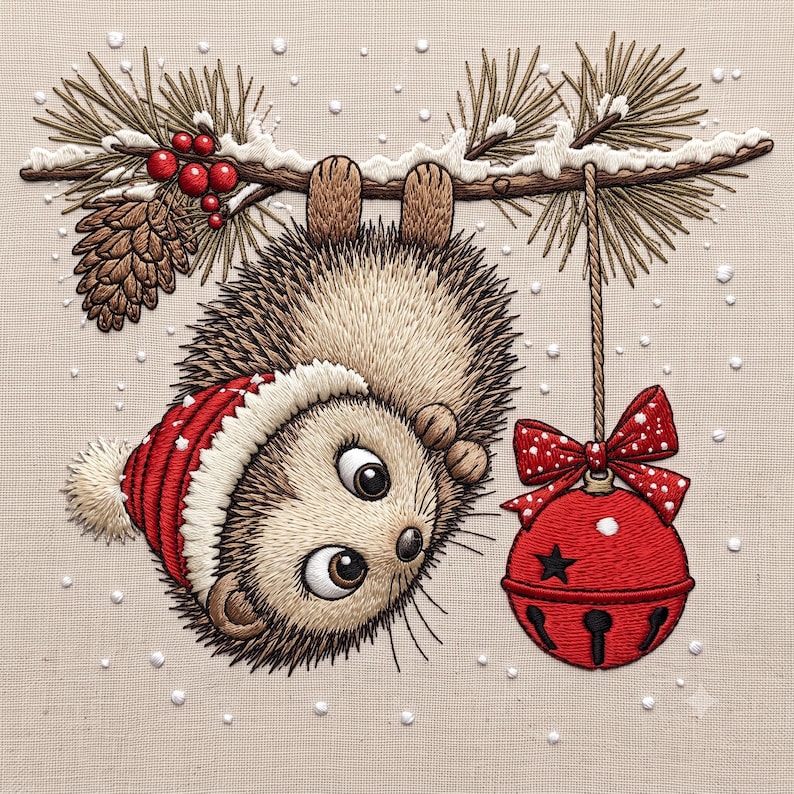 May include: An embroidery design featuring a brown hedgehog wearing a red and white winter hat, hanging upside down from a pine branch with a pinecone and red berries. A red jingle bell with a white polka dot bow hangs from the same branch.