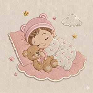 以下が含まれることがあります： ピンクの帽子と小さなピンクのハート柄の白いロンパースを着て眠る赤ちゃんの刺繍デザイン。赤ちゃんはピンクの枕の上で、ピンクのリボンのついた茶色のテディベアを抱きしめています。金色の星と白い雲が周囲に配置されています。