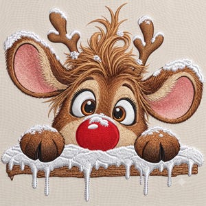 Könnte beinhalten: Ein Stickmotiv eines Cartoon-Rentiers mit großen braunen Augen, einer leuchtend roten Nase und struppigem braunem Fell. Das Rentier hat ein Geweih und schaut über einen braunen Holzvorsprung, der mit weißem Schnee und Eiszapfen bedeckt ist.
