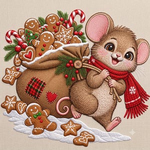 Peut inclure: Une souris brune aux grandes oreilles porte une écharpe rouge et transporte un sac en toile de jute rempli de biscuits en pain d'épices, de sucres d'orge et de branches de pin. Des biscuits en forme d'étoile et de cœur jonchent le sol enneigé.