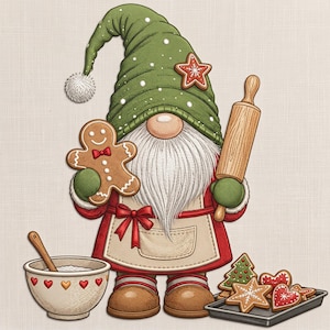 May include: A gnome illustration wearing a green hat with a white pom-pom and a star, a red apron with a bow, and brown boots. The gnome holds a gingerbread man and a wooden rolling pin. A mixing bowl and a tray of assorted cookies are nearby.
