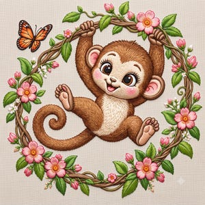 May include: A brown monkey with large eyes and pink cheeks hangs from a circular vine wreath decorated with green leaves and pink flowers. An orange and black monarch butterfly is positioned to the left of the monkey.