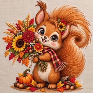 Può includere: Uno scoiattolo arancione soffice con una sciarpa a quadri rossi e verdi, che tiene un grande bouquet autunnale di girasoli, dalie rosse, grano e bacche. Una zucca arancione e delle ghiande marroni poggiano su uno sfondo beige testurizzato.