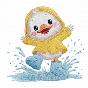 May include: An embroidered design of a white duckling wearing a yellow hooded raincoat and blue rain boots, joyfully jumping in a blue water puddle with visible splashes. The duckling has a bright orange beak and pink cheeks, rendered in thread.