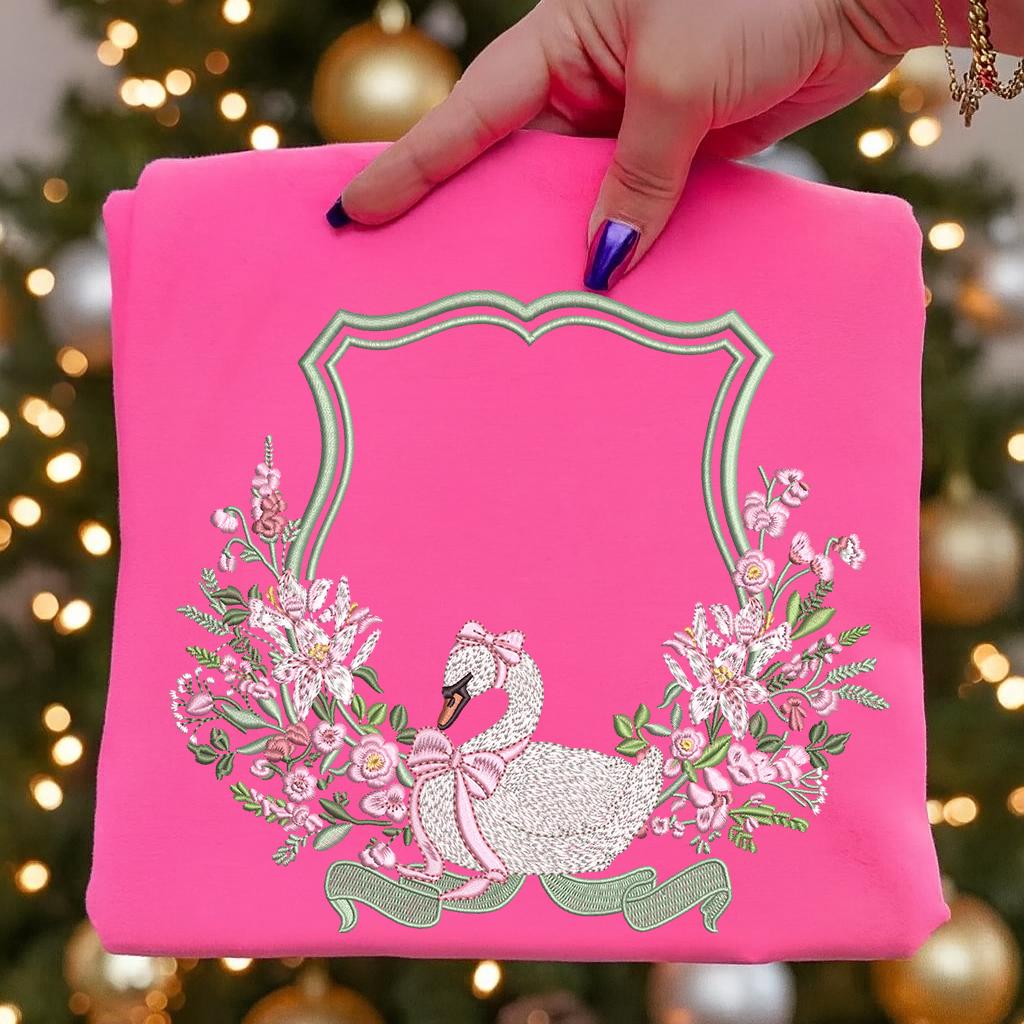 Swan Ribbon Swan Floral Frame Machine Embroidery Design, Elegant Swan With Pink ...