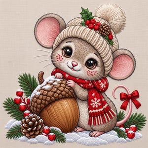 Puede incluir: Un ratón marrón con un gorro de punto beige con pompón y una bufanda roja con copos de nieve blancos. El ratón sostiene una bellota grande y marrón. La escena incluye agujas de pino verdes, bayas rojas, una piña y un lazo rojo en la cola.