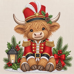 May include: A fluffy Highland cow wearing a red and gold nutcracker uniform with a matching hat featuring white and red feathers. The cow is surrounded by green pine branches, red holly berries, a pinecone, a red bow, and a lit black lantern.