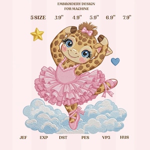 Puede incluir: Un diseño de bordado para máquina con una jirafa bailarina en tutú rosa y zapatillas de ballet, sobre nubes azules. Incluye una estrella amarilla y un corazón azul. Texto: EMBROIDERY DESIGN FOR MACHINE, 5 SIZE, 3.9", 4.9", 5.9", 6.9", 7.9", JEF, EXP, DST, PES, VP3, HUS.