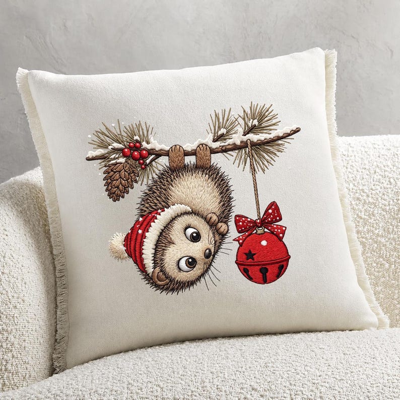 May include: A square off-white throw pillow with fringe edges featuring a printed illustration of a hedgehog wearing a red and white winter hat, hanging upside down from a pine branch with red berries, a pinecone, and a red jingle bell ornament.