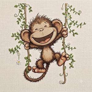 Puede incluir: Un diseño de bordado que muestra a un mono marrón con una amplia sonrisa feliz colgado de dos cuerdas verticales. Las cuerdas están adornadas con enredaderas verdes y pequeñas flores de margarita blancas, todo bordado sobre tela texturizada.