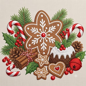 Puede incluir: Un diseño bordado que presenta una galleta de jengibre en forma de copo de nieve, un pudin navideño, ramas de canela atadas con cordel rojo y blanco, bastones de caramelo, piñas, hojas de acebo, bayas rojas y un cascabel rojo sobre fondo claro.