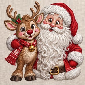 Santa Hugging Reindeer Machine Embroidery Design, Cute Rudolph Christmas Holiday Friends Pattern