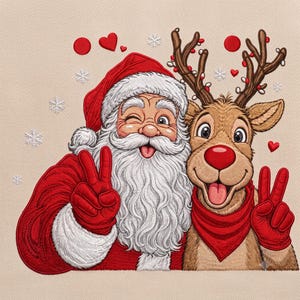 Santa Reindeer Machine Embroidery Design, Christmas Best Friends Peace Sign Holiday Digital Stitch File