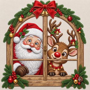 May include: A wooden window frame decorated with green pine branches, red berries, gold ornaments, and a large red bow at the top. Santa Claus with a white beard and red hat appears on the left, while a brown reindeer with a red nose appears on the right.