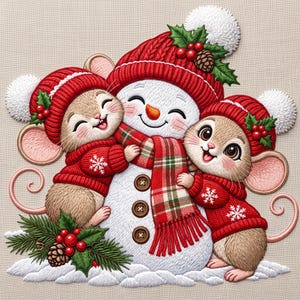 May include: An embroidered illustration of a white snowman wearing a red knit hat with a white pom-pom and a red plaid scarf, flanked by two brown mice in matching red sweaters and hats, decorated with green holly leaves and red berries.